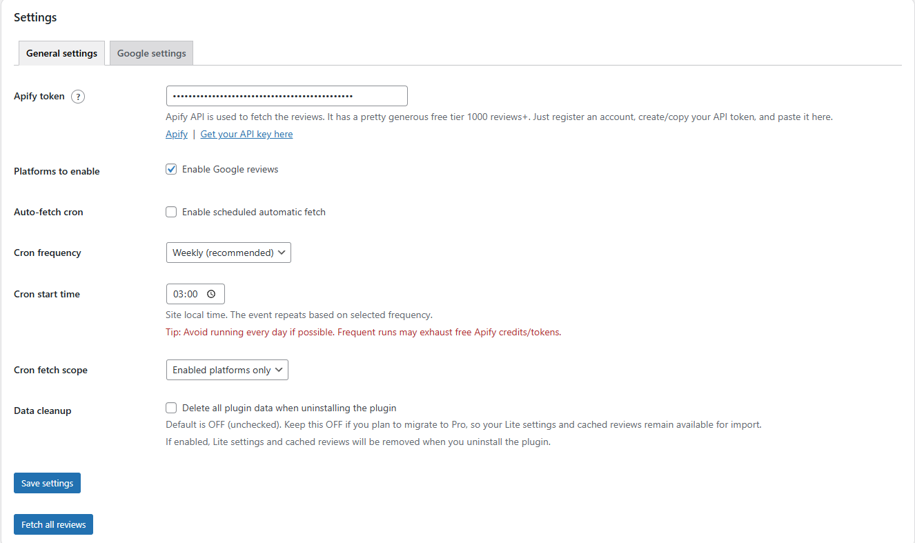Admin settings page — data source and Apify token configuration