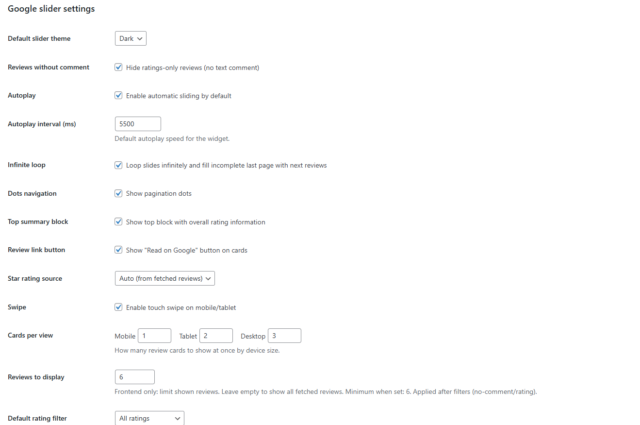 Slider preview — dark theme, desktop layout